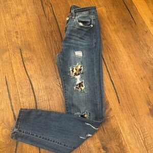 Judy Blue Dark Wash Skinny Jeans with Leopard Patch Distressing
